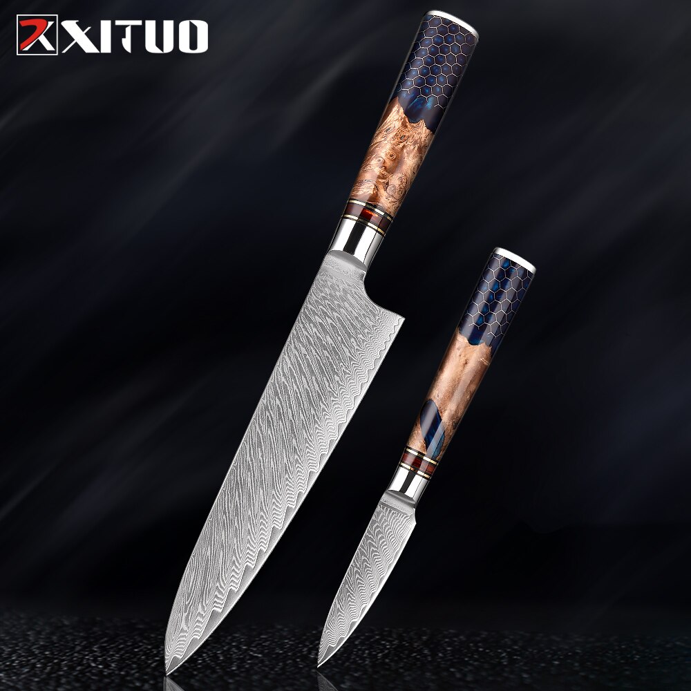 XITUO-Juego de cuchillos de cocina de acero damasco, 67 capas, afilados, duraderos, cuchillo de corte multifuncional, mango de panal de resina azul