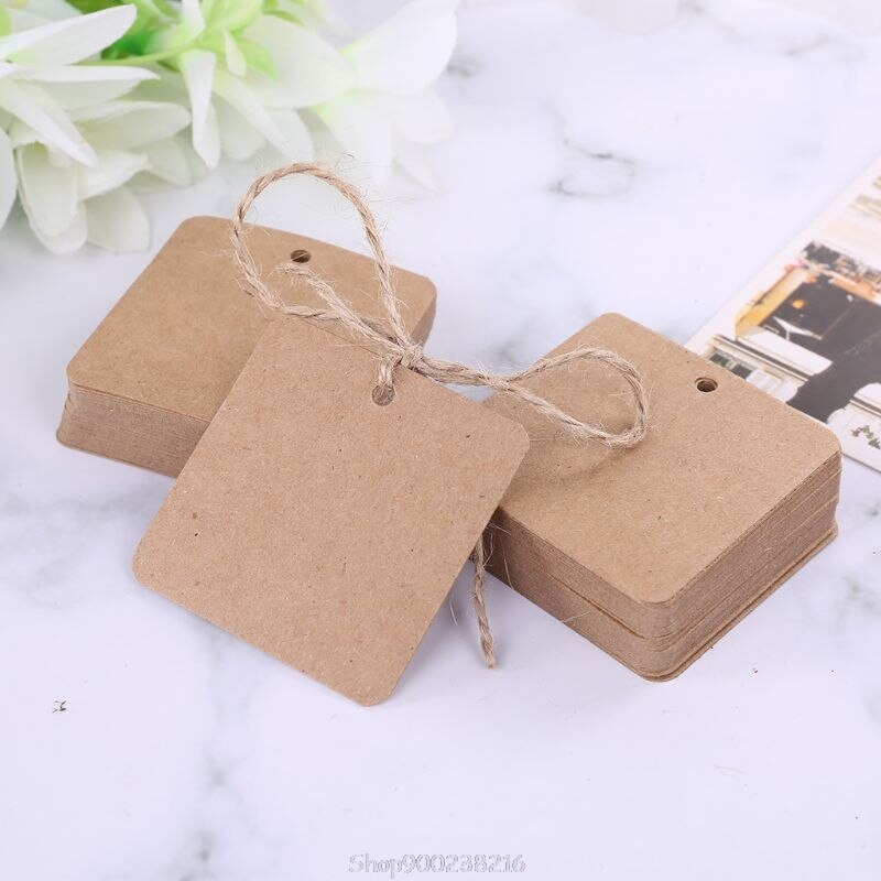 Etiquetas de papel Kraft cuadradas en blanco para , etiqueta de boda, tarjeta de precio, artesanía con hilo de yute de 10m, S15 20, 100 Uds.,
