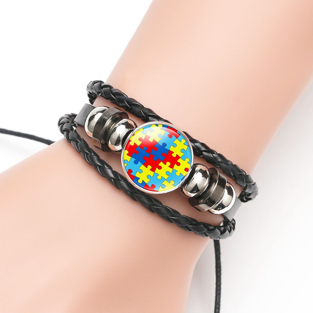 Autisme Moeder Awareness Armband Voor Kinderen Handgemaakte Gebreide Lederen Puzzel Bedelarmband Jongen Meisje Polsbandje Sieraden