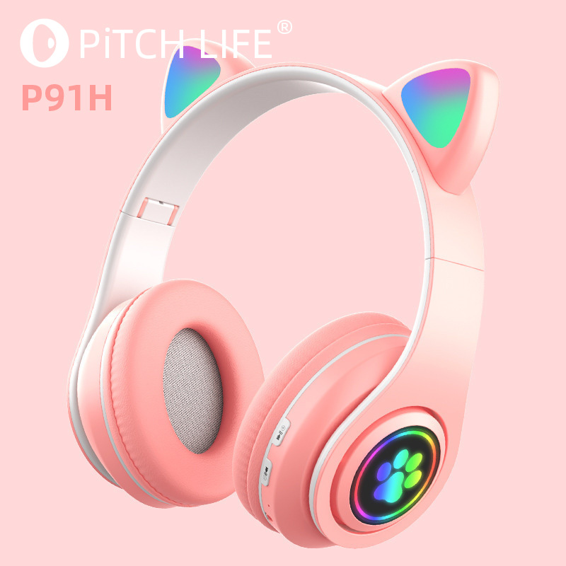 P91H, Śliczne kocie uszy BT Bezprzewodowe słuchawki Com Mic E Flash Light, Capacete De 1) Estéreo LED, Fone De Ouvido Dobrável, Pres: Default Title