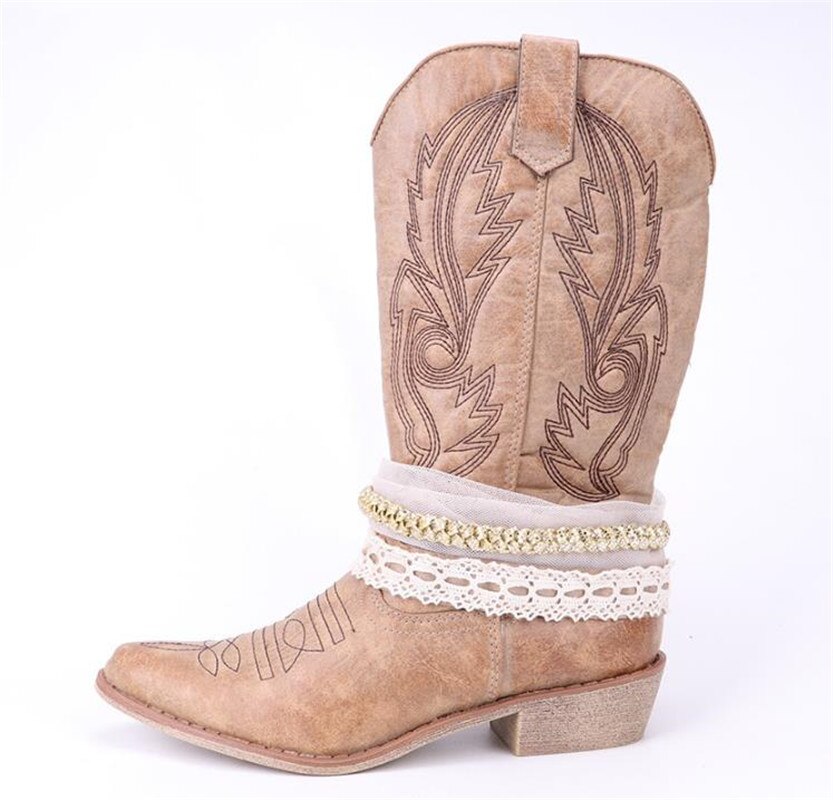 Top. Damet femmes genou haute botte Cowboy Cowgirl bottes avec dentelle et chaîne décoration Western chaussures sans lacet moto bottes femme: Coffee / 6.5