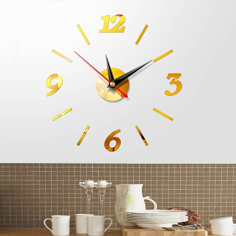 Reloj de pared 3D DIY, decoraciones de pared de cuarzo, adorno de pared de salón, relojes de cocina, espejo acrílico, adhesivos Reloj de pared, decoración del hogar: Dorado