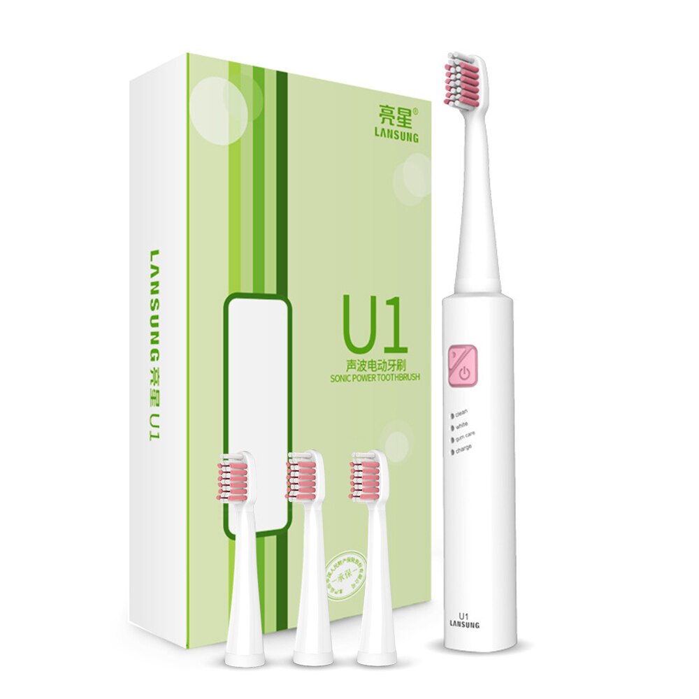 Lansung Schall- Elektrische Zahnbürste Ultra Schall- USB Aufladbare Erwachsene Zahnbürste Clever 4 Zahnbürste Köpfe Austauschbare Bleichen: U1 Weiß Rosa