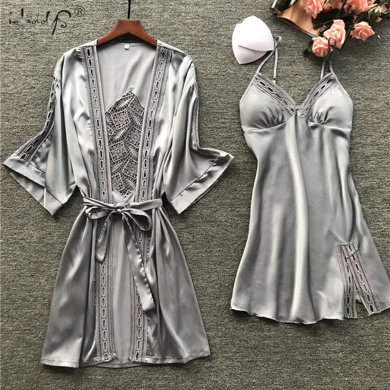 Sexy Lace Robe Sets Women Silk Satin Robe Loungewear 2PC Sleepwear Set Kimono Robe Bathrobe Nightgown Pajama Dress 2 Piece Suit: Gray / M