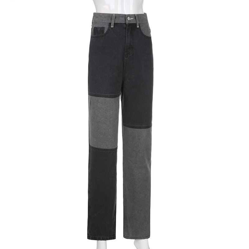 Pantalon en jean pour femme taille haute Patchwork jean tenue femme décontracté pantalon droit ample porter des vêtements de sport automne: XL