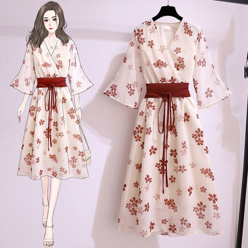 Vestido japonés de estilo Kimono para mujer, ropa tradicional Kawaii, con estampado de Sakura y Geisha Vintage, hasta la pantorrilla