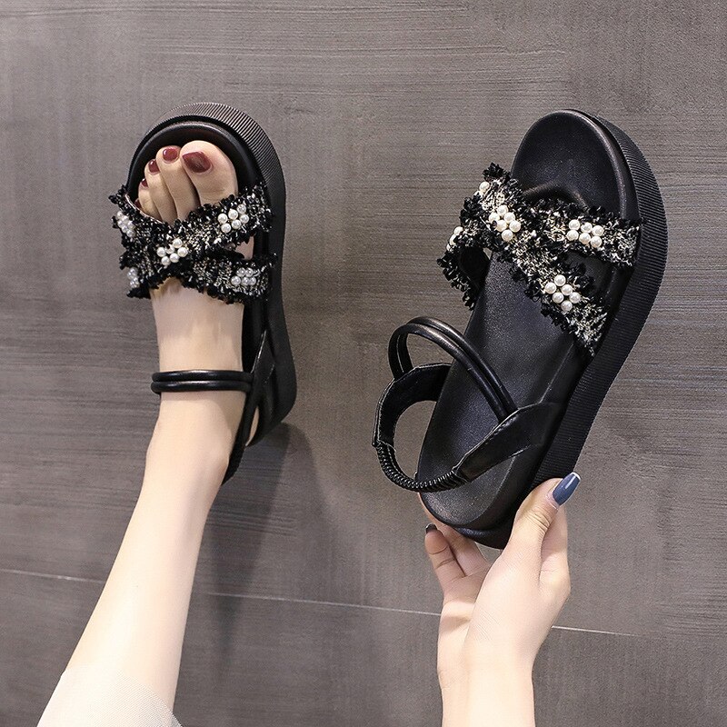 Perlensandalen für damen – sommer- #39 Ich bin koreanischen stil, lässige strandsandalen mit dicker sohle und elastischem riemen, Plateau-sandalen für damen