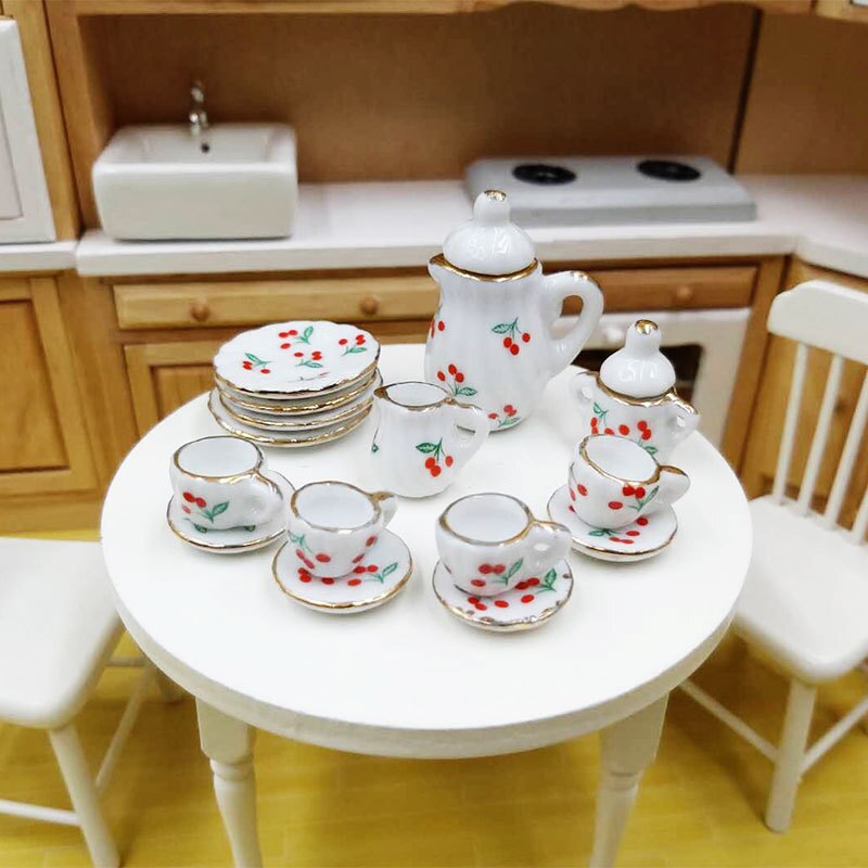 15pcs 1:12 Mini Porcelain Tea Cup Set China Flower Tableware Kitchen Doll House Scene Model Play House Toys