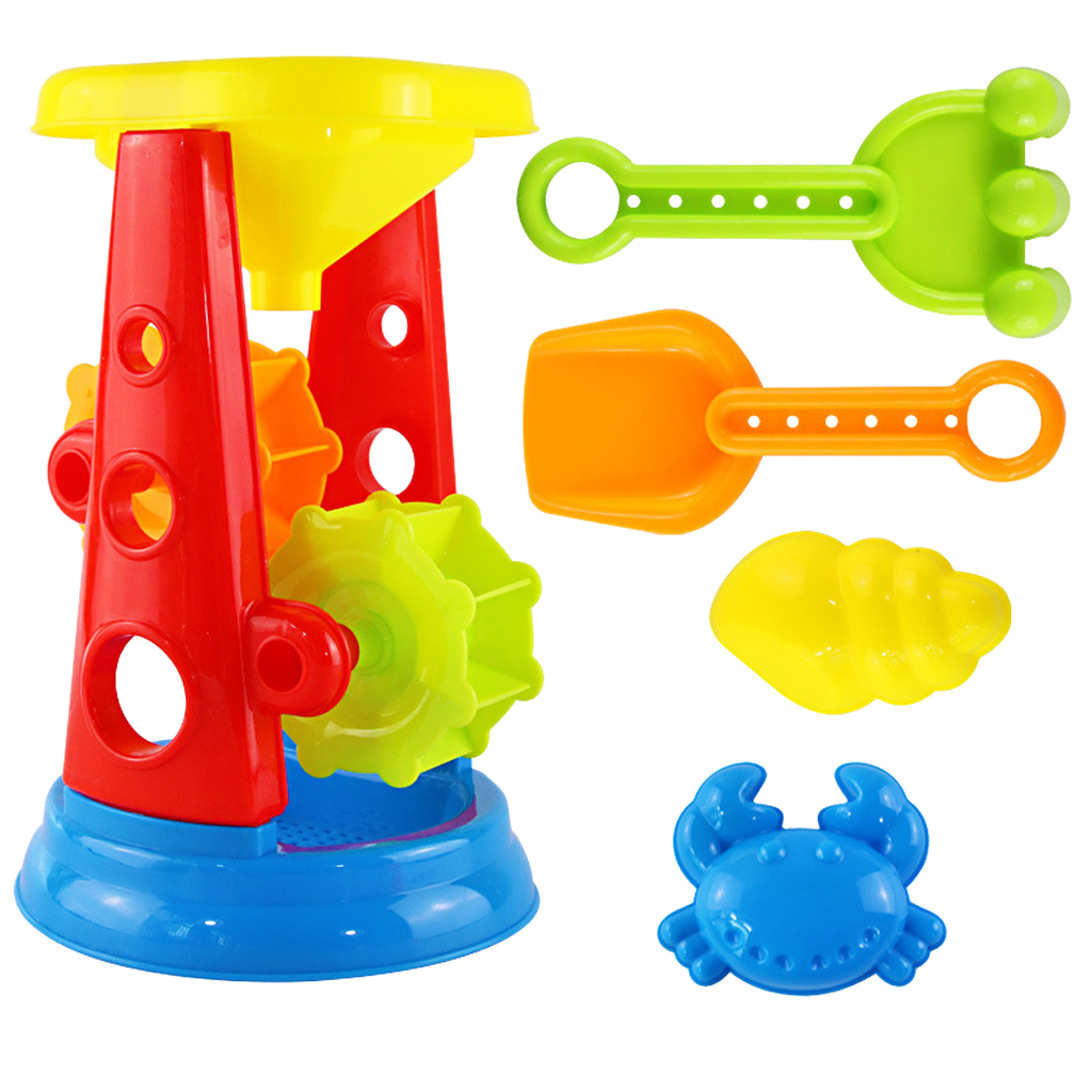 Kids Beach Sand Toy Set (5Pcs/Set) with Water Wheel, Shovel, Rake, Molds (Random Color)