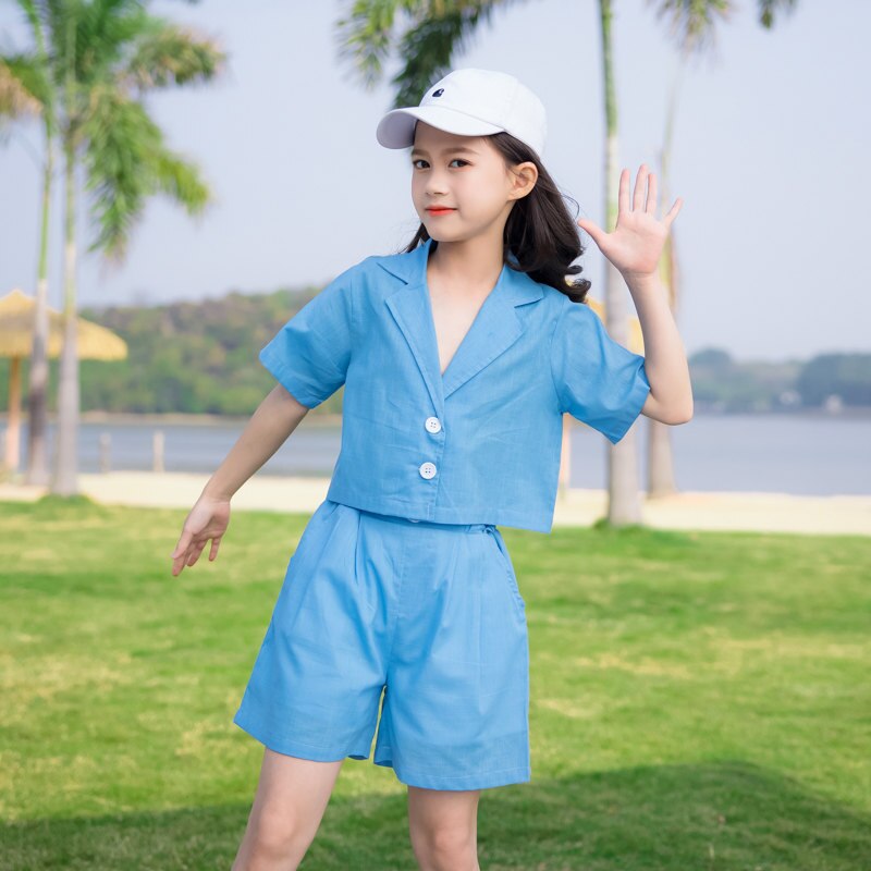 Mädchen Kleidung Anzug Blazer + kurze Hose Teenager Mädchen Sommer 2 stücke Kleidung einstellen Koreanisch lässig Stil Kind Outfits 5 6 8 10 12 14 jahre alt: Blau / 5