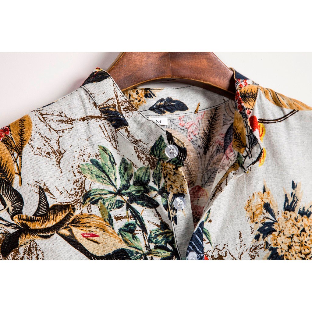 Mens Etnische Korte Mouwen Casual Katoen Linnen Afdrukken Hawaiian Shirt Blousemen 'S Mode Print Shirt