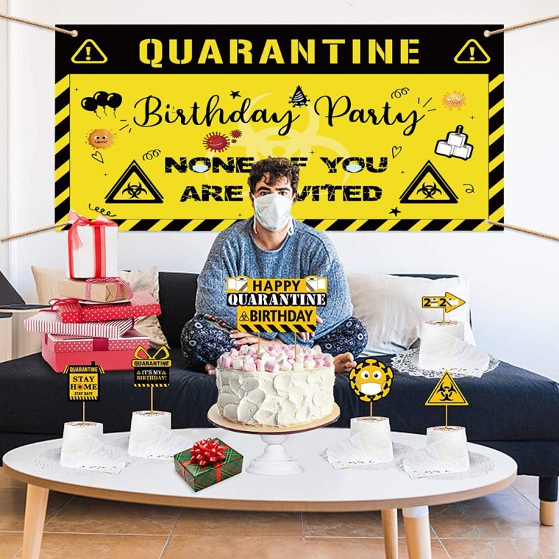 Happy Birthday Quarantine Birthday Decorations Banner - Social Distancing Backdrop Birthday Party Idea Supplies
