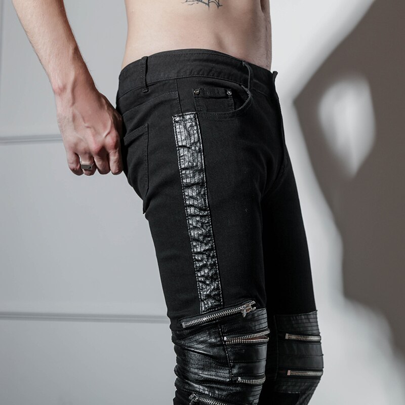 Europese En Amerikaanse Nachtclubs Hip Hop Westkust High Street Style Hip-Hop Slim Fit Rits Pu Stiksels Zwarte Jeans Mannen 'S Bri
