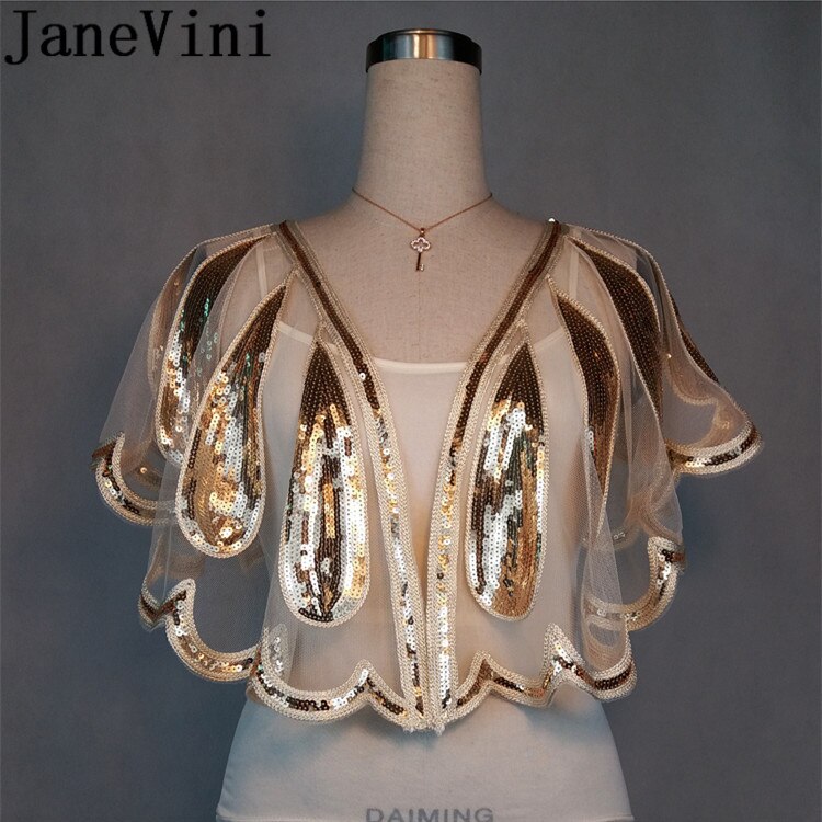 JaneVini Shiny Kralen Bruiloft Capes Schouderophalen Luxe Goud Zilver Pailletten Vrouwen Bolero Bridal Wrap Bruid Bolero Novia Cape Mariage