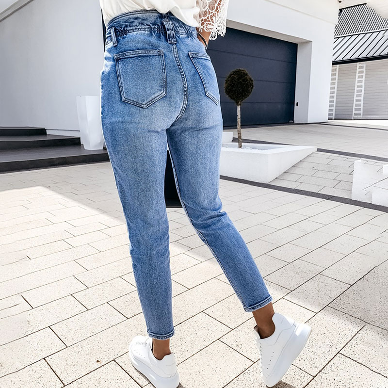 Women's Blue High Waist Pencil Jeans Slim Button Pockets Ladies Denim Pants Autumn Vintage Streetwear Trouser Female Bottom