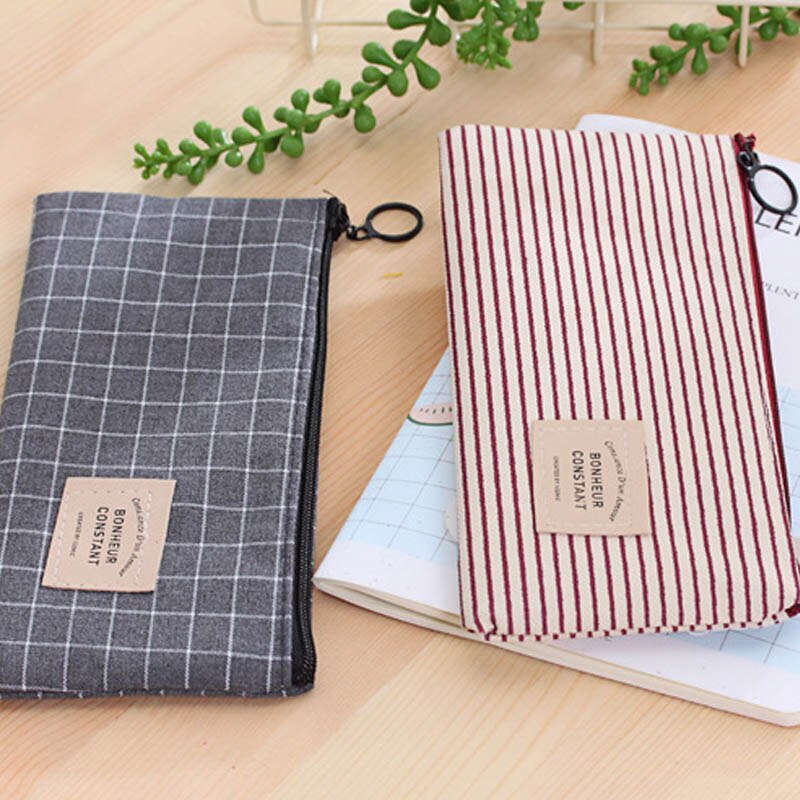 canvas gray Grid Pencil Bag red blue stripe Pencil Bag bonheur constant Pencils Bags navy color