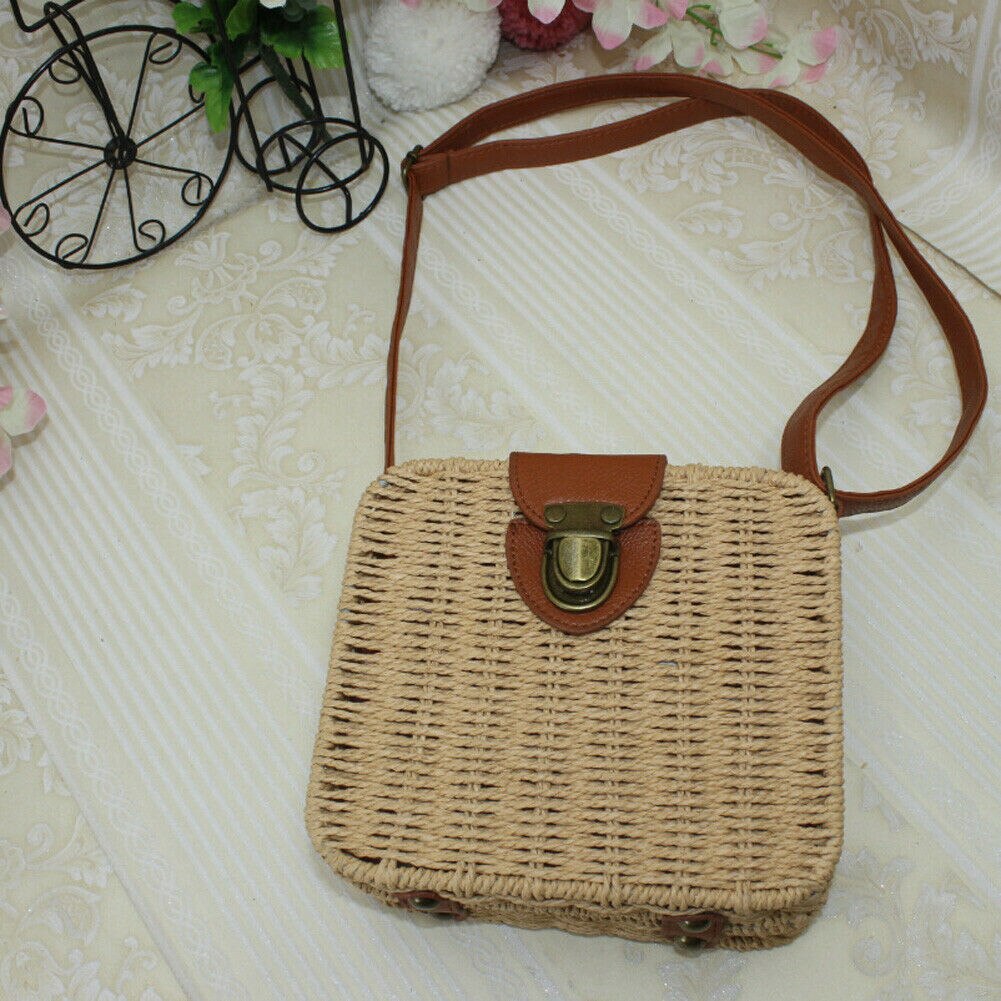 Bolsa de palha rattan feminina, nova bolsa quadrada de palha trançada para mulheres, transversal, praia, bolsa de verão, bolsa de mensageiro, imperdível: Khaki