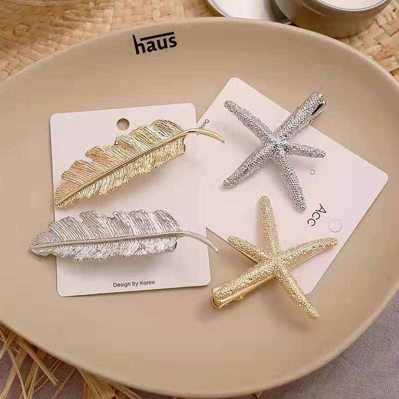 1PC Frauen Blatt Feder Haar Clip Metall Seestern Haarnadel Haarspange Haar Ornament Party Dekoration Haar Zubehör