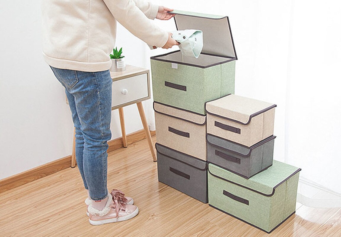 Caja de almacenamiento de lino de algodón con tapa, caja de almacenamiento de ropa plegable, organizador de artículos diversos de juguetes y aperitivos, caja de ropa interior de tela para el hogar S/L