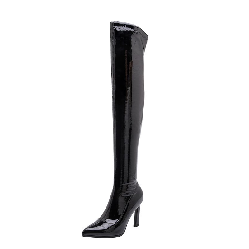 Morazora Grote Maat 34-43 Lakleer Stretch Laarzen Vrouwen Hoge Hakken Over De Knie Laarzen Herfst Winter dij Hoge Laarzen: Black / 6