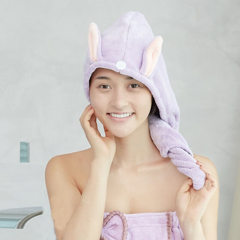 Søde kanin badehåndklæde hår tørre hurtigtørrende dame badehåndklæde blød bruserhue hat til dame børn turban hoved wrap wrap værktøjer: Lilla