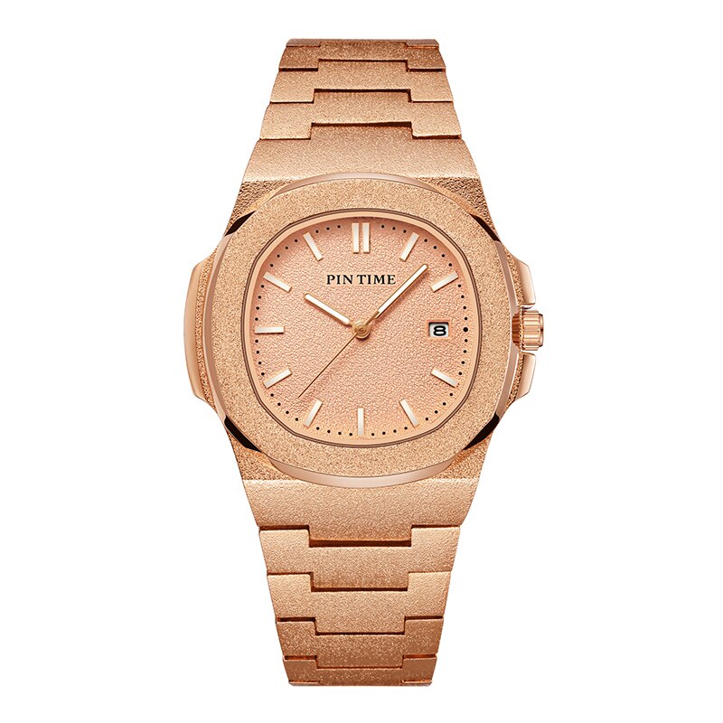 PINTIME Mens Luxury Watch Frosted Stainless Steel Quartz Movement Watches Male Sport Wristwatch: Roes Gold