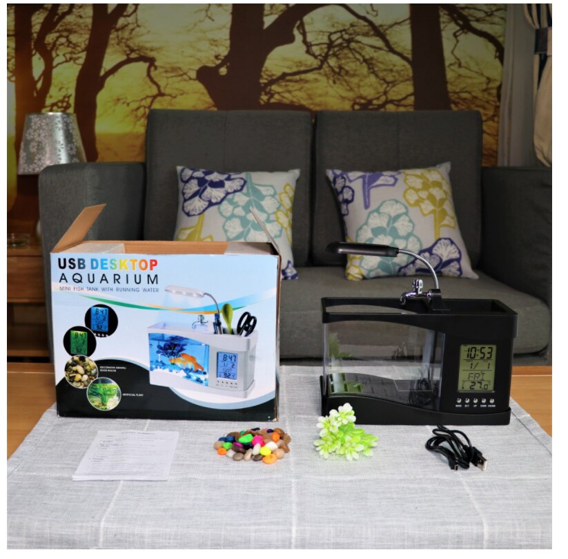 USB Mini Aquarium Fish Tank Aquarium with LED Desk Lamp Light LCD Display Screen Clock Fish Tank Aquarium Ecosystem With Light