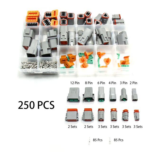 250pcs Waterproof Wire Connector Kit 2P 3P 4P 6P 8P 12P Automotive Sealed Plug With Pins Box for Car Truck Connecting Terminal: Gray 250pcs