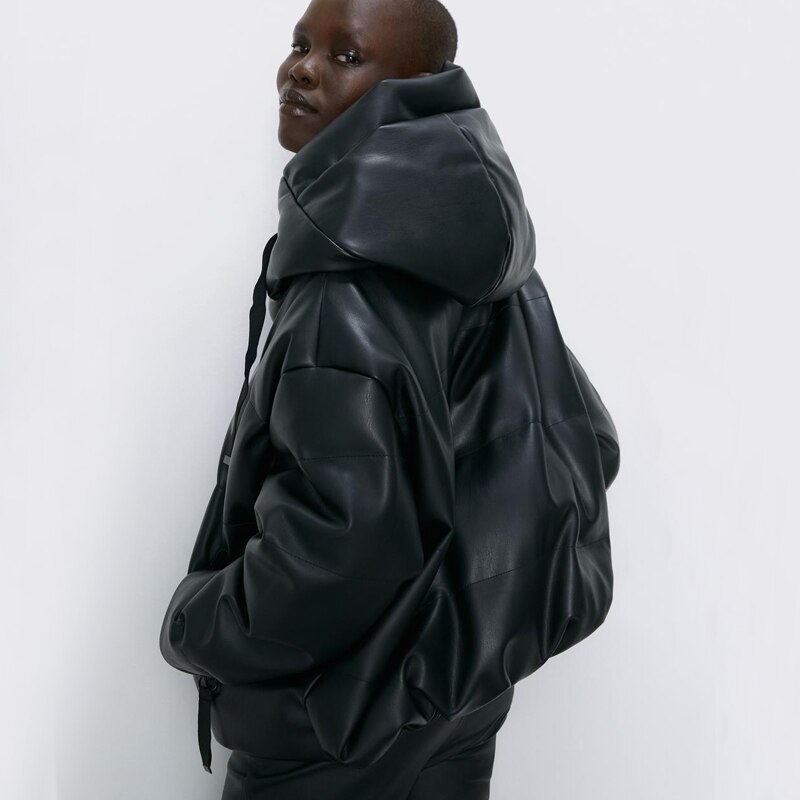 RR parka en cuir PU femme, veste en similicuir à capuche, élégante avec fermeture éclair, à la