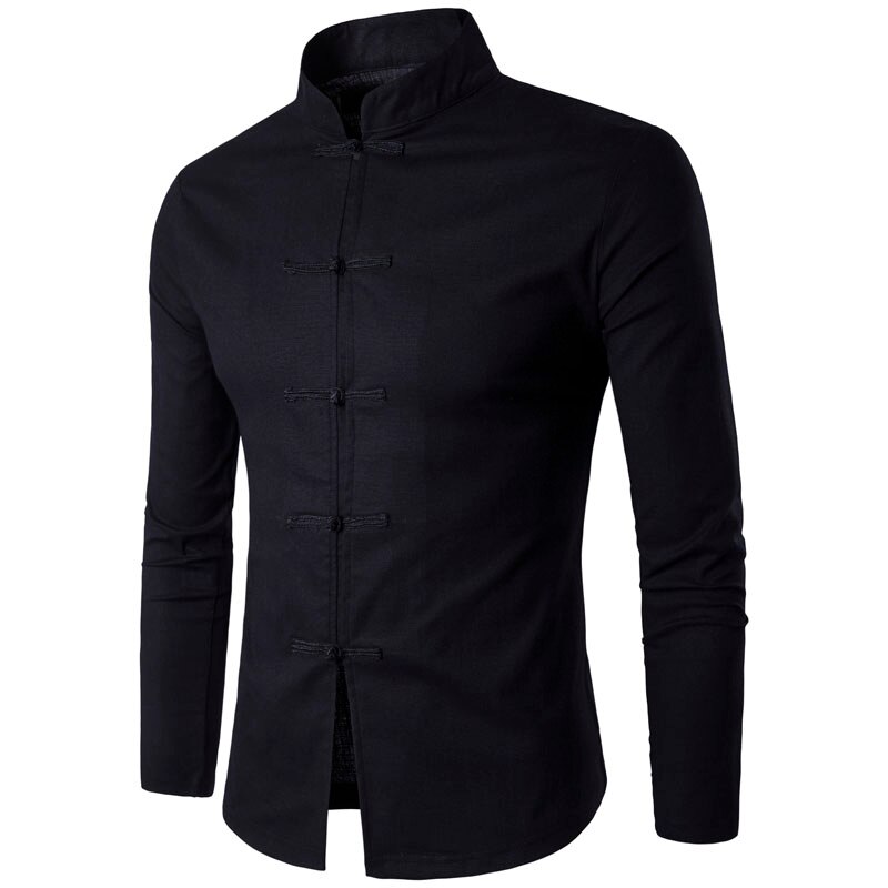 Mannen Chinese Traditie Stijl Shirt Mans Effen Kleur Mandarijn Kraag shirts Lange Mouwen katoen linnen Casual Shirt: black / Asia size   XL