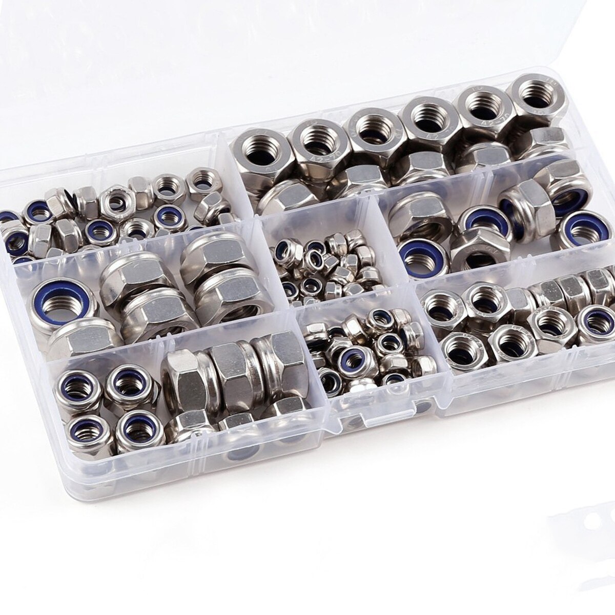 150 x self-locking hexagon nut 6 sizes M4 M5 M6 M8 M10 M12 assortment Stainless steel screws flange counter nut with plastic box