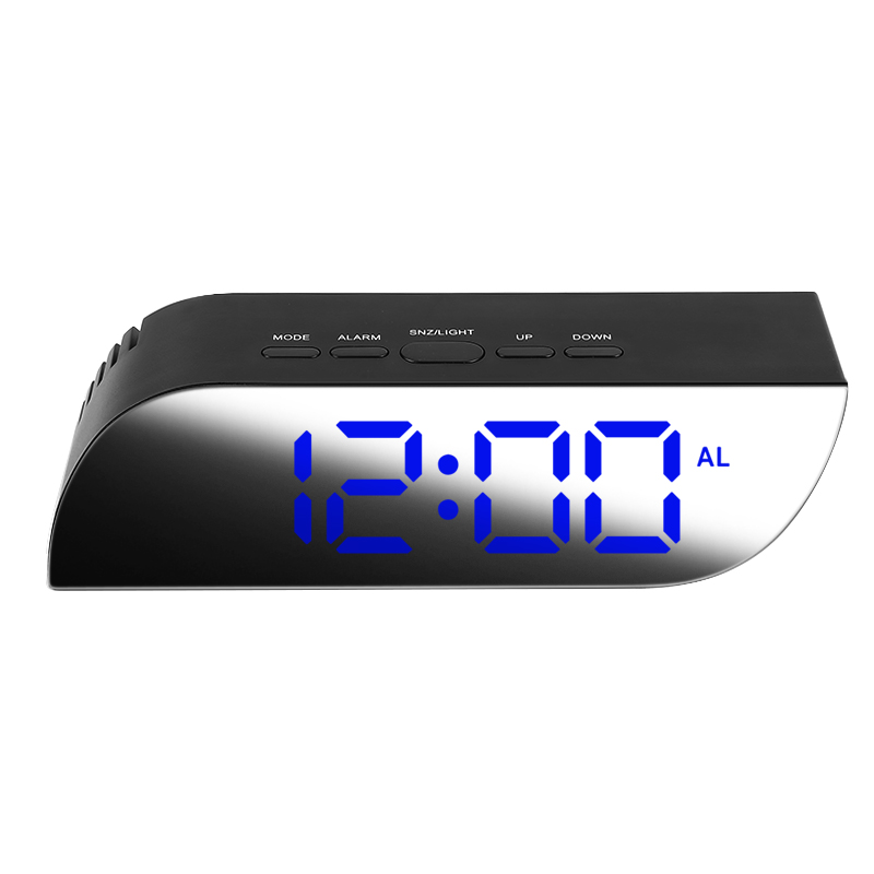 To-mode digitalt led stort vækkeur keystone spejl tid temperatur display vækkeur bord ur digital alarm: Blå farve