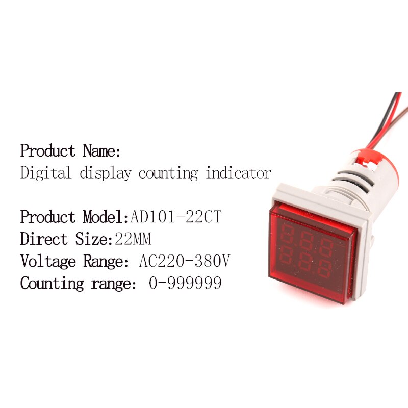 Mini compteur numérique Led rond carré 22MM 6 chiffres 0-999999 AC 220V-380V, compteur de Signal électronique: CT Square Red