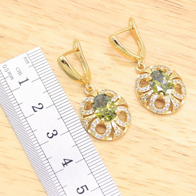 Neue Olive Green Zirkon Gold Farbe Schmuck Sets für Frauen Ohrringe Halskette Anhänger Ringe Box