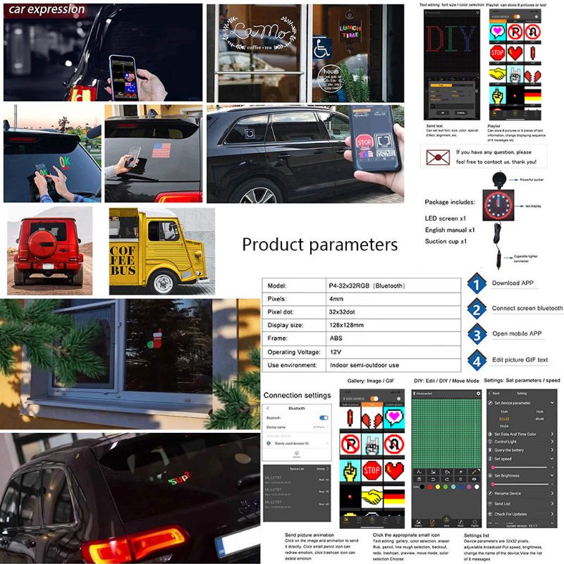 Full colour draadloze bluetooth app bediening auto led-scherm scrollend led-bord, rij-instructies, afbeelding gif licht
