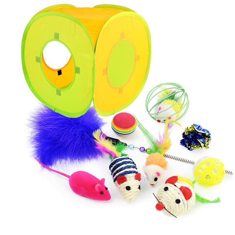 Juguetes para gatos coloridos, Kit para mascotas, túnel contraíble, tubos de Juego de 4 agujeros, bolas, forma de pluma de ratones mascota, gato, suministros interactivos de gatito: Tent-10PCS