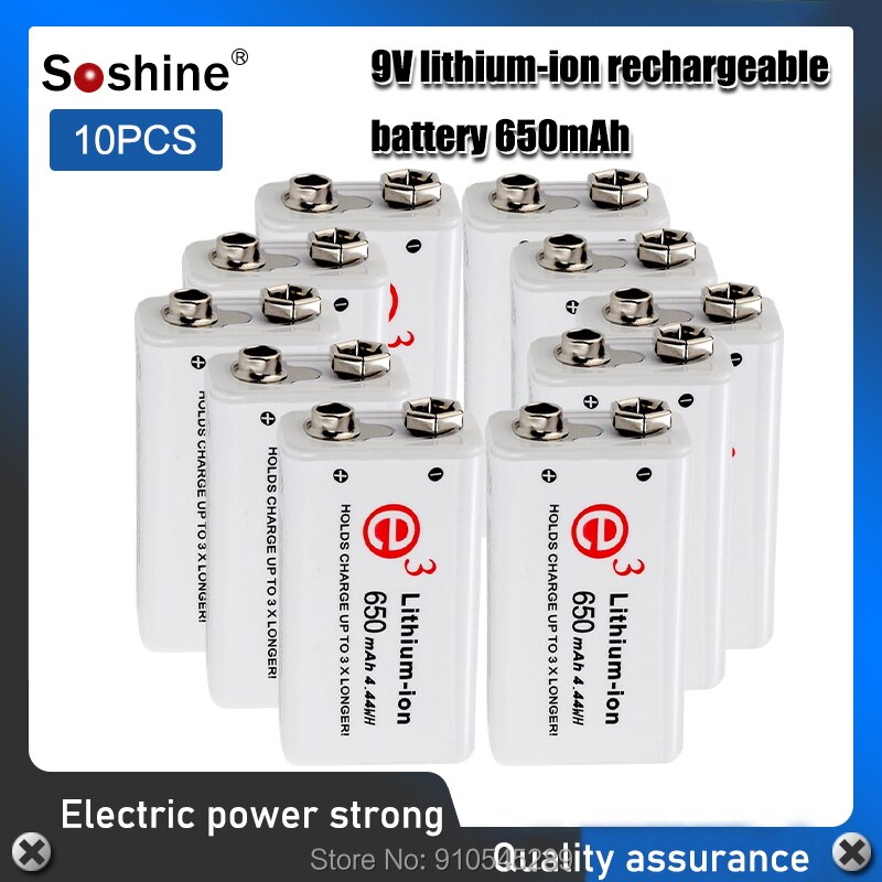Soshine 6F22 650mAh 9V Li-ion Rechargeable Battery with Portable Battery Box for Multimeter / Wireless Microphone / Alarm: 10PCS