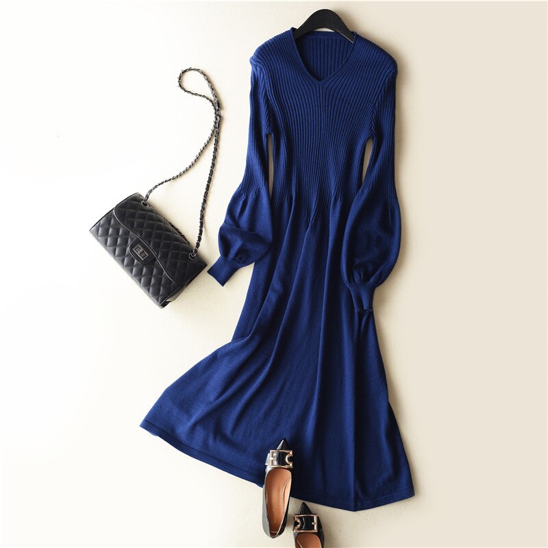 spring Latest style Women's Knitted Cashmere Wool Dress Long style Solid color V-collar Lantern sleeve: Sapphire blue