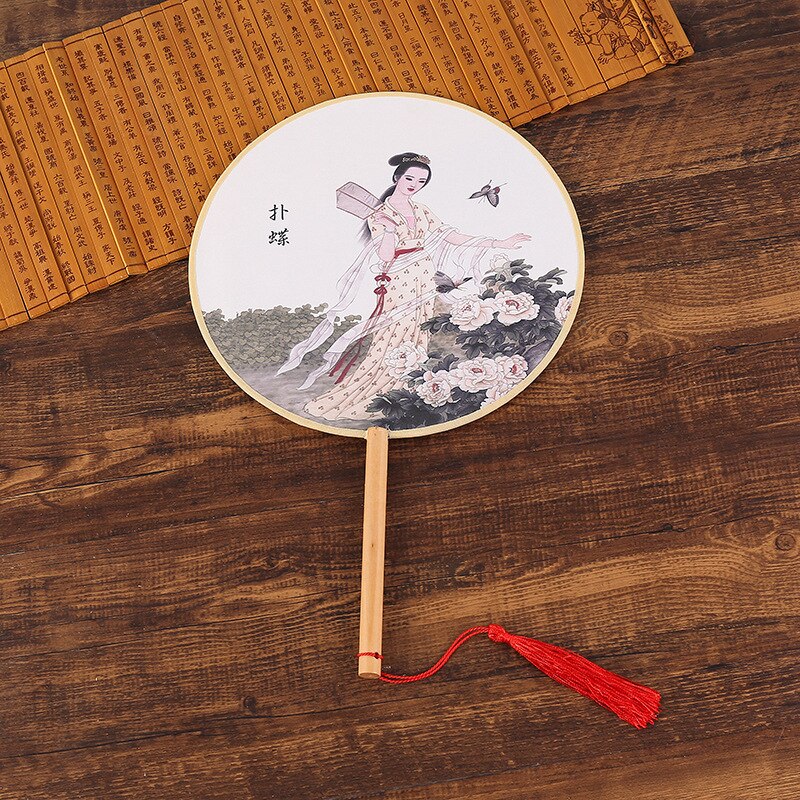 Vintage Round Fan Long Handle Tassel Dancing Hanfu Circular Fan Ancient Chinese Style Classical Printed Court Round Fan Wedding: 16