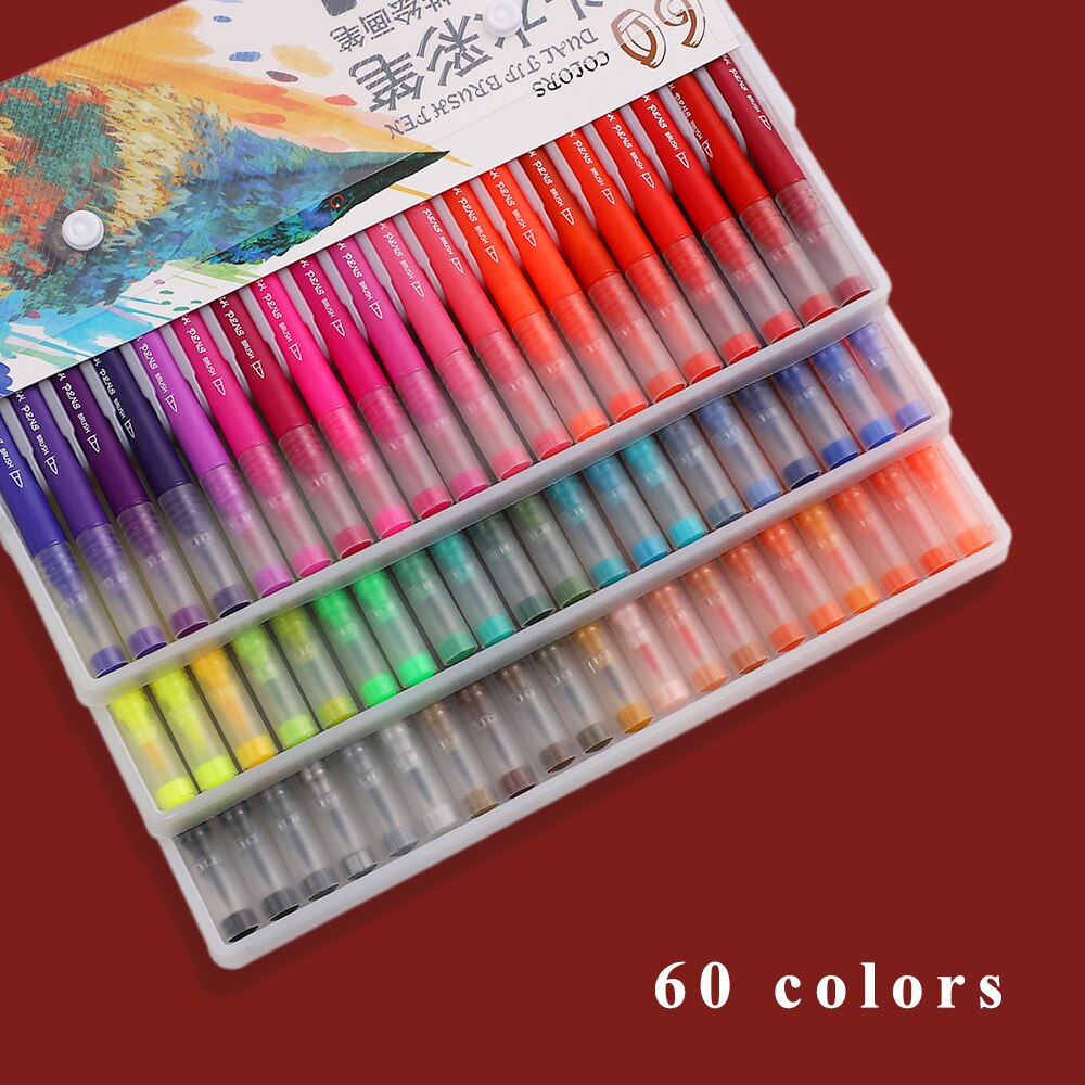 100 Stks/doos Dubbele Kop Tekening Aquarel Pen Set Student Kleur Borstel Schets Pen 0.4Mm Haak Lijn Pen Art levert: 60 colors