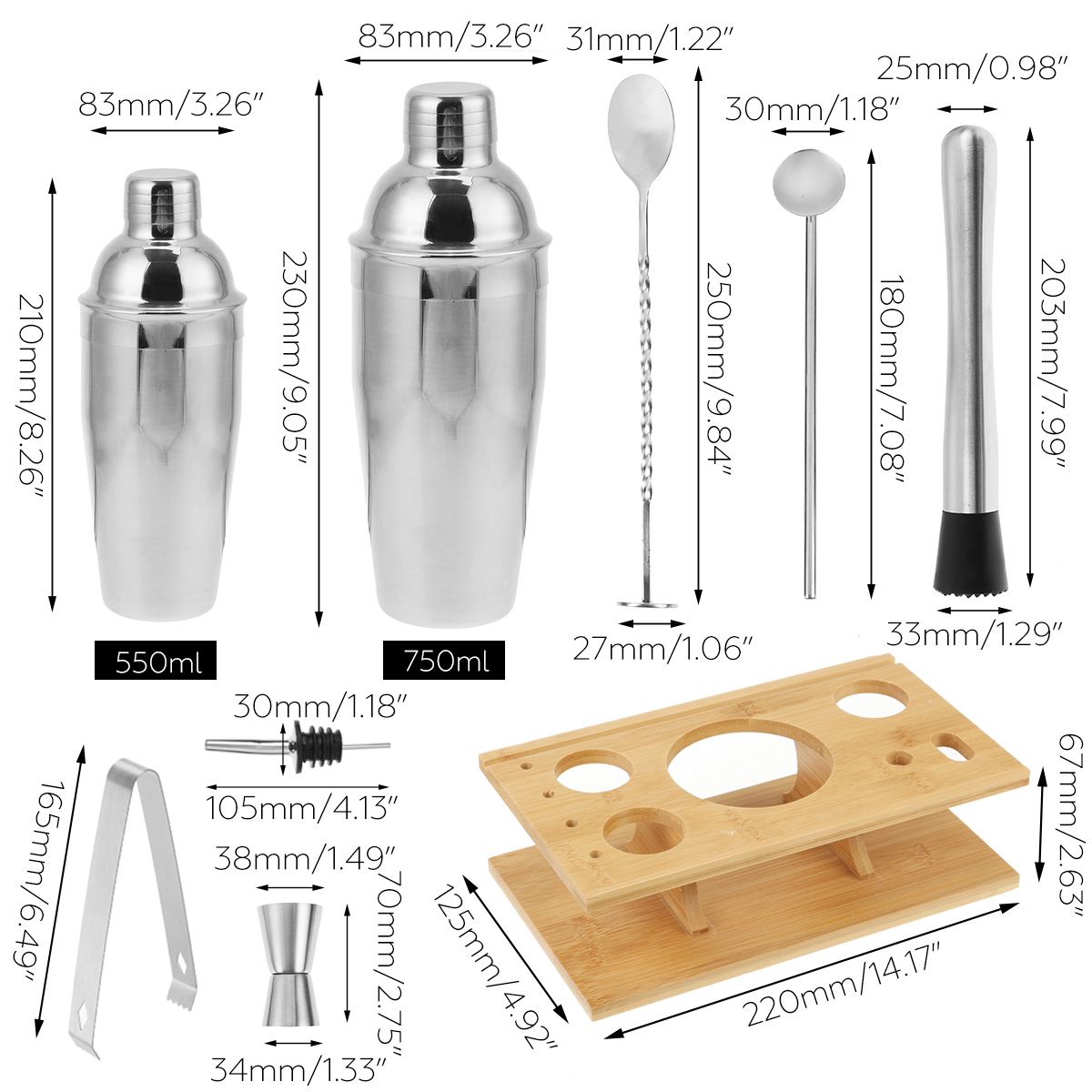 14pcs Stainless Steel Cocktail Shaker Set 550/750ml Kit Mixer Drink Bartender Kit Bareware Tools Set With Bamboo Wood Rack Stand