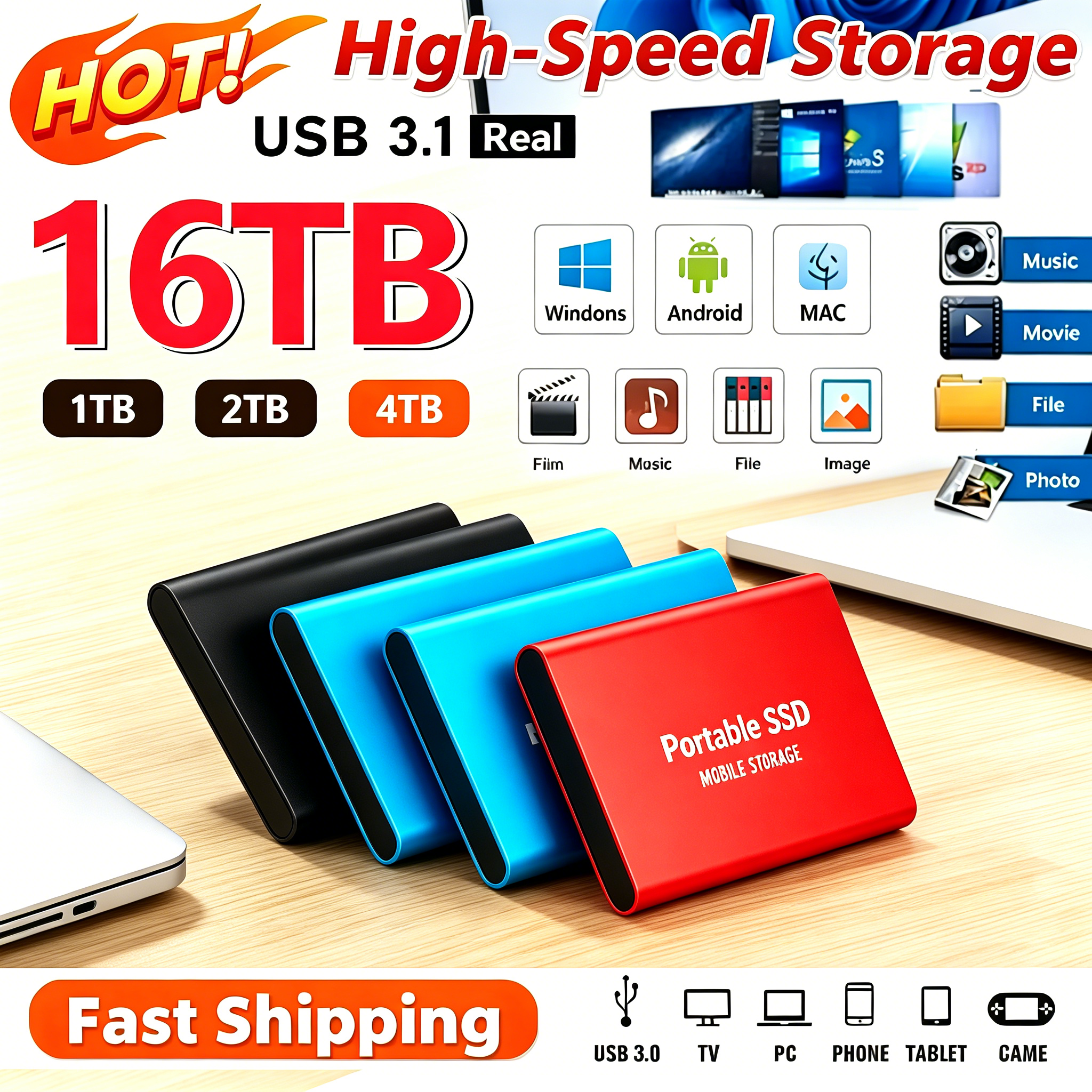 Ekstern ssd bærbar solid state-drev 1tb 4tb ultrahurtig harddisk til bærbar mac pc stationær data backup lagring disk