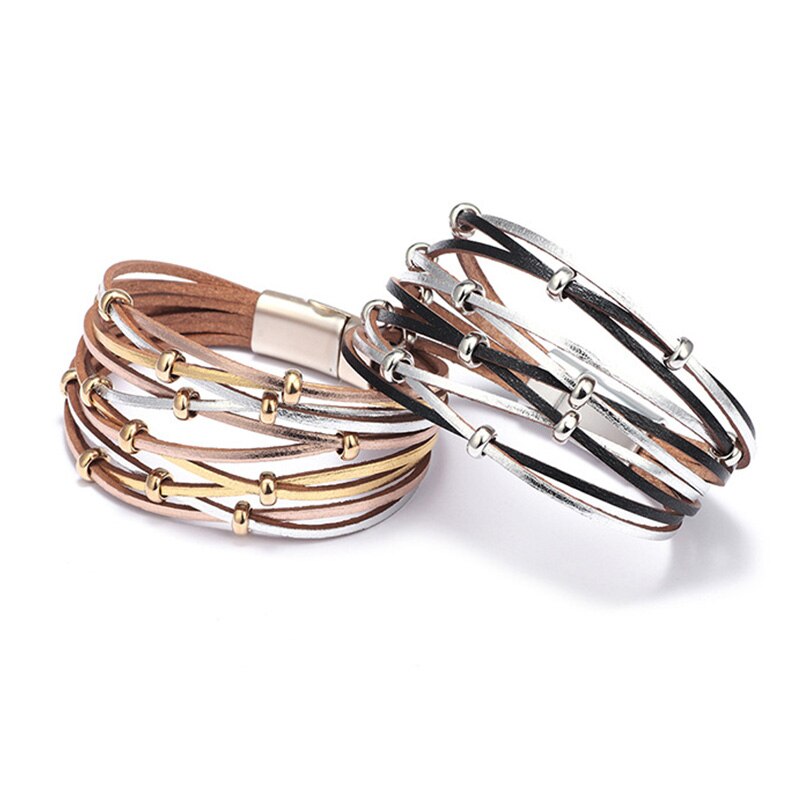 Feminino mão acessórios 10 multi camada vento pulseira de couro ampla envoltório pulseira femme ímã fivela jóias presente 2020