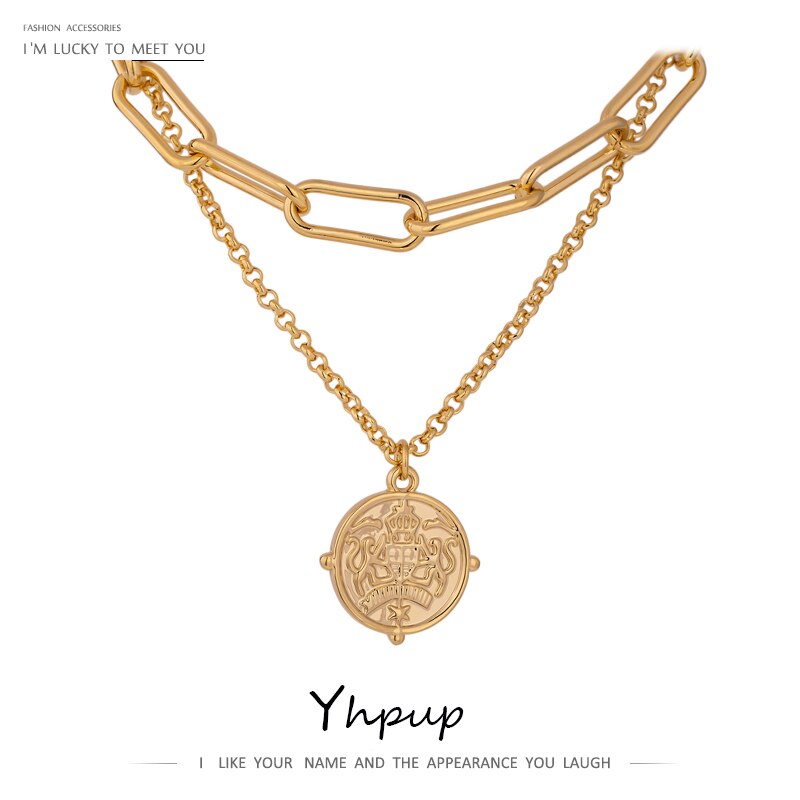 Yhpup Round Metal Layered Pendant Necklace for Women Chic Gold Color 14 k Copper Chain Choker Necklace Jewelry брелок