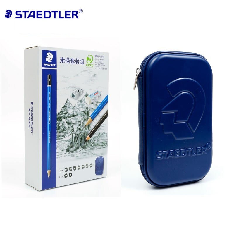 Staedtler 100 SET3 Sketching Pencils Blue Black Body with Erasers Sharpener Drawing Designing Art Set