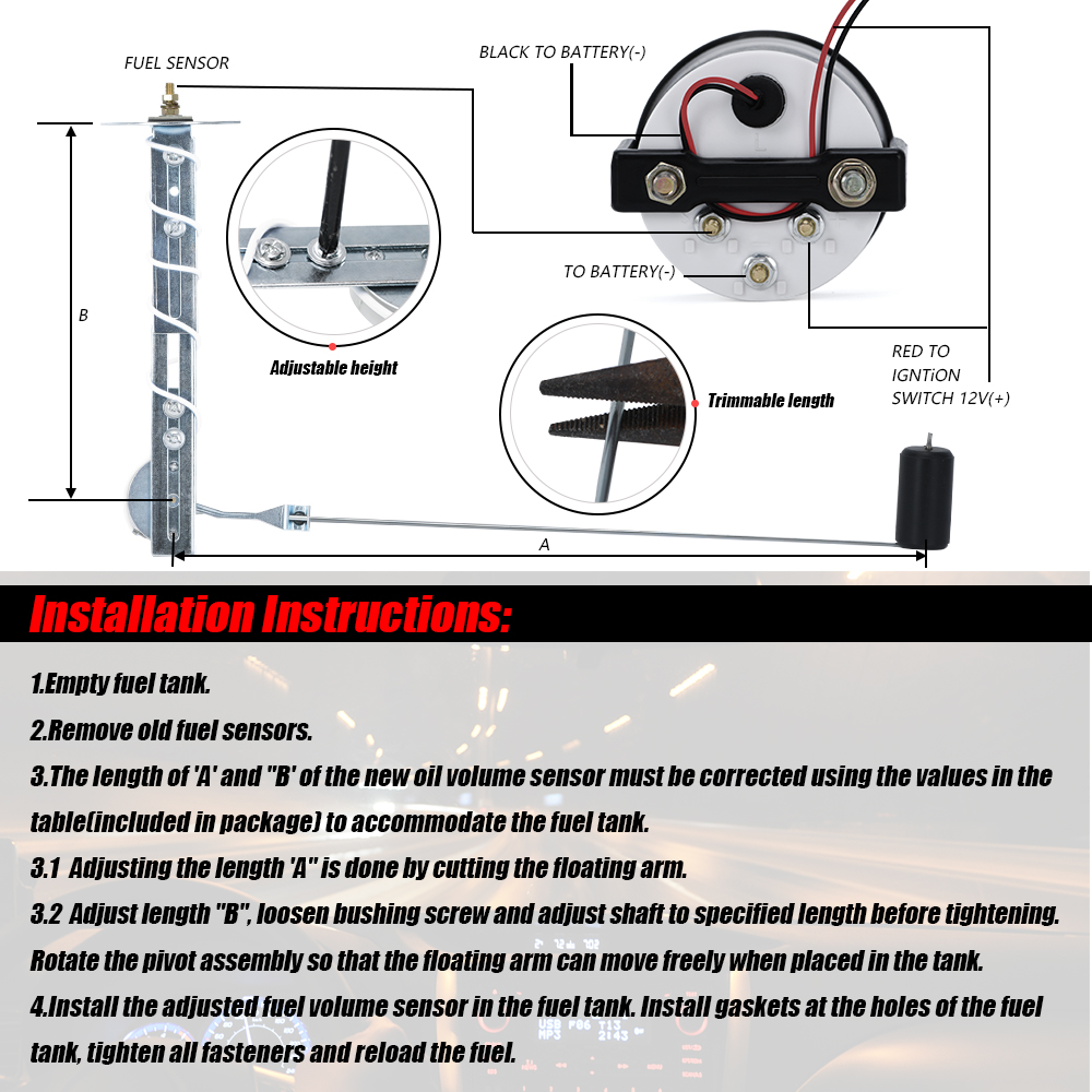 Universal 2" 52mm Fuel Level Gauge Car Vehicle Meter with Fuel Float Sensor White LED Light Black Shell Automotive Gauges 12V