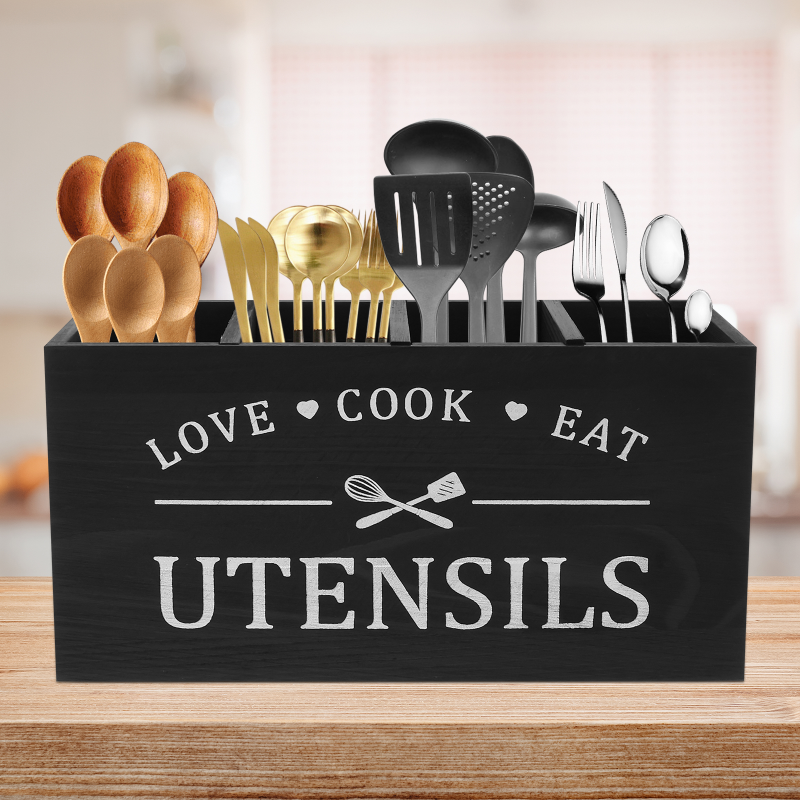 Træbestikholder til køkkenredskaber med 4 rum og drænbund til bestikopbevaring i køkkenet