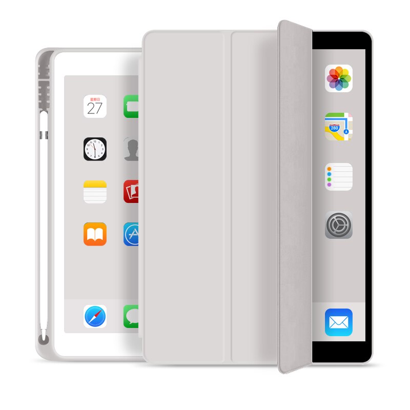 Fodral för ipad 7th generation smart skal med pennhållare för ipad 7 slim hopfällbart ställ silikonfodral för ipad 10.2 funda: Ljusgrått