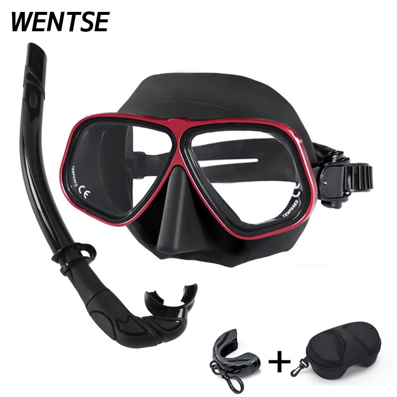 Color Alloy frame free diving goggles scuba full face mask wet tube kit Snorkeling equipment Ultra low volume Free-dive: Black red Kit