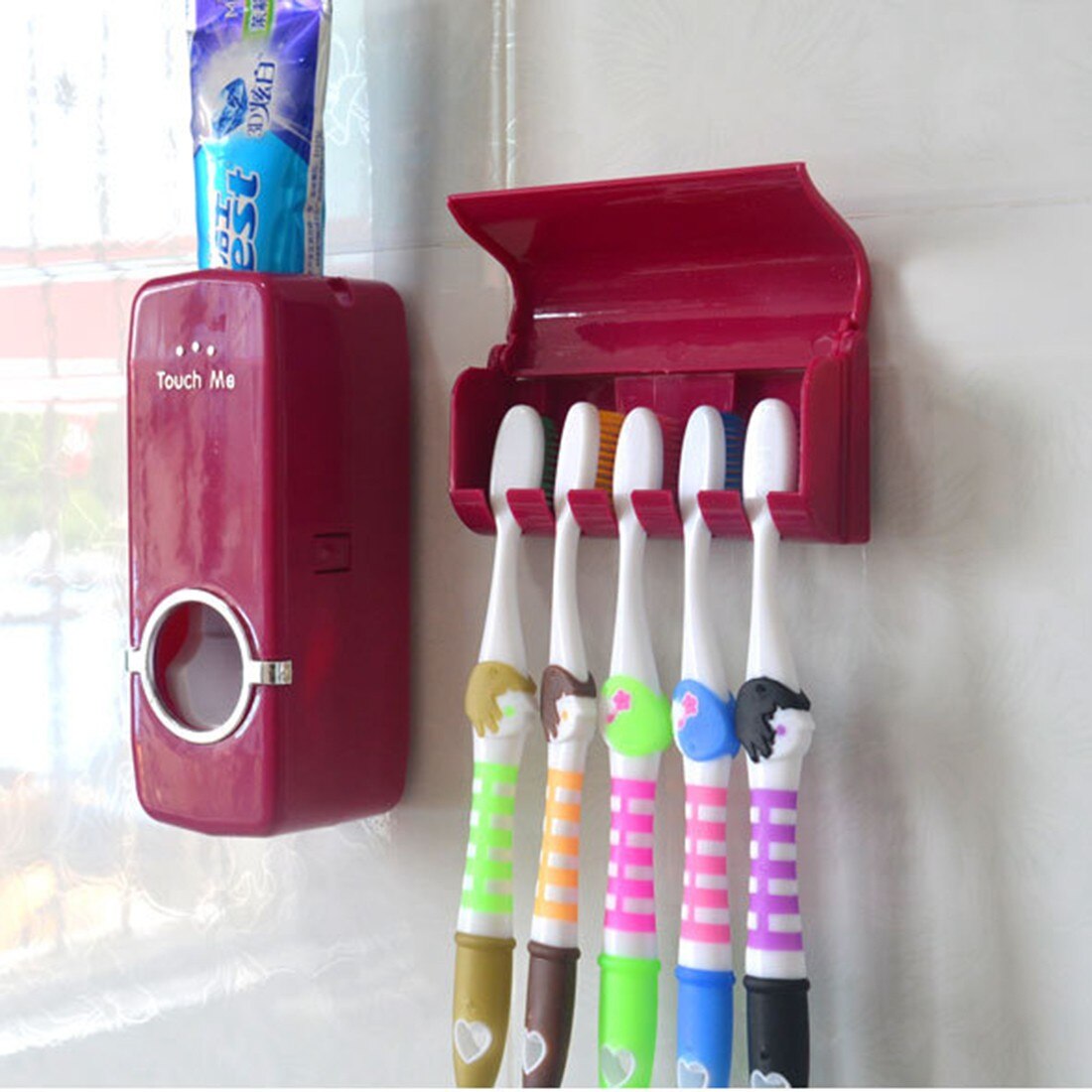 1 Set Tooth Brush Holder Automatic Toothpaste Dispenser + 5 Toothbrush Holder Toothbrush Wall Mount Stand Bathroom Tools
